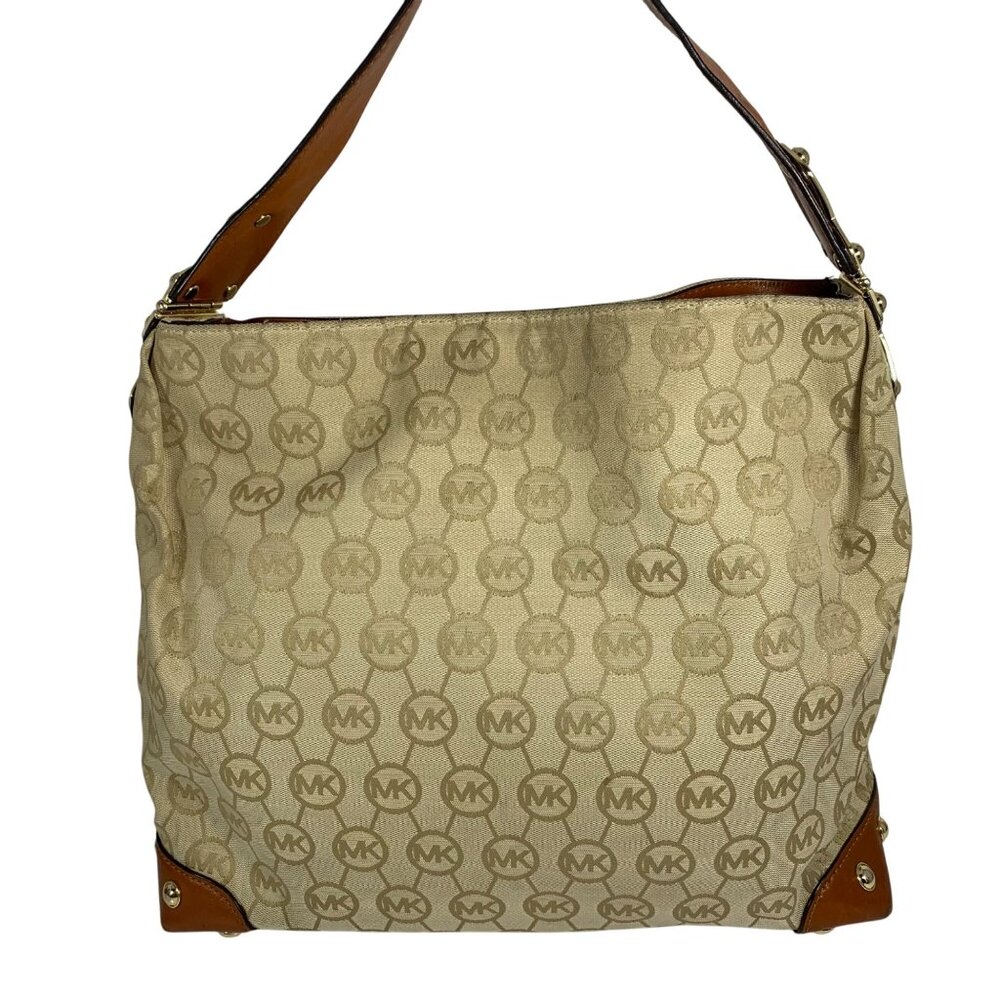 MICHAEL KORS Joplin MK Logo Jacquard Studded Leather Trim Hobo Shoulder Bag